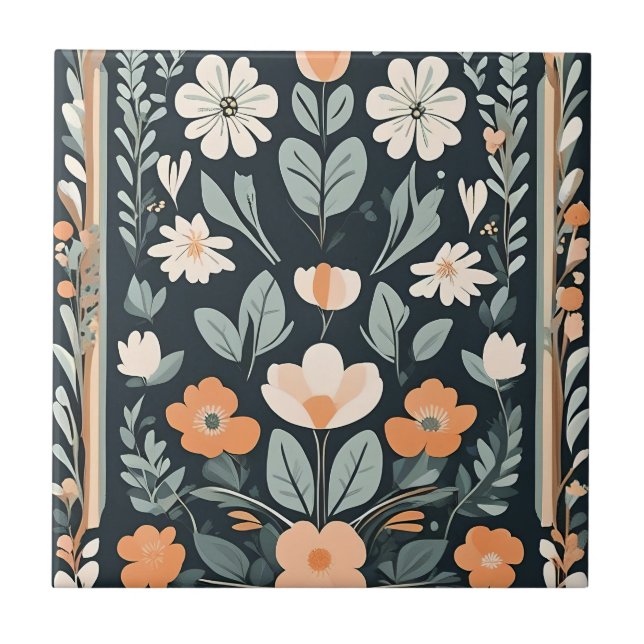 Dark Blue Floral Folk Ceramic Tile (Front)