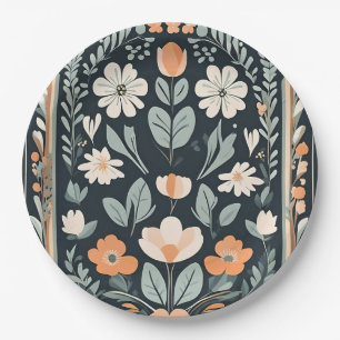Dark Blue Floral Folk Paper Plate