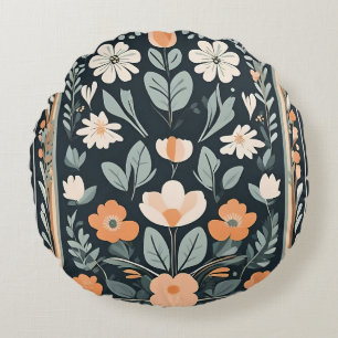 Dark Blue Floral Folk Round Cushion