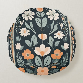 Dark Blue Floral Folk Round Cushion
