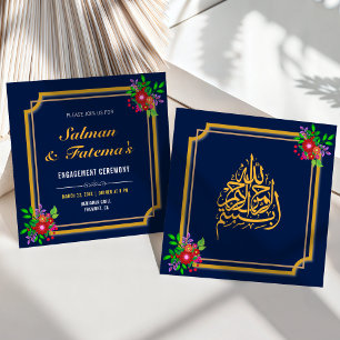 Dark Blue Floral Frame Islamic Muslim Engagement Invitation