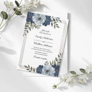 Dark Blue Floral Frame Wedding Invitation