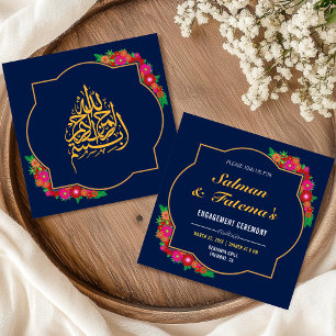 Dark Blue Floral Islamic Muslim Engagement Invitation