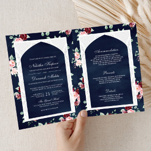 Dark Blue Floral Lace All in One Indian Wedding Invitation