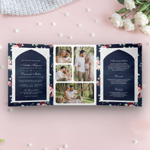 Dark Blue Floral Lace All in One Indian Wedding Tri-Fold Invitation
