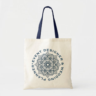 Dark Blue Floral Mandala Custom Text Tote Bag