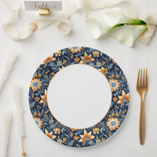 Dark Blue Floral Paisley Border Paper Plate