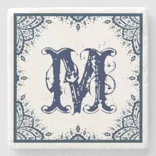 Dark Blue Floral Paisley Frame Monogram Stone Coaster