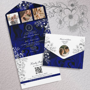 Dark Blue Floral QR Photo Wedding All In One Invitation