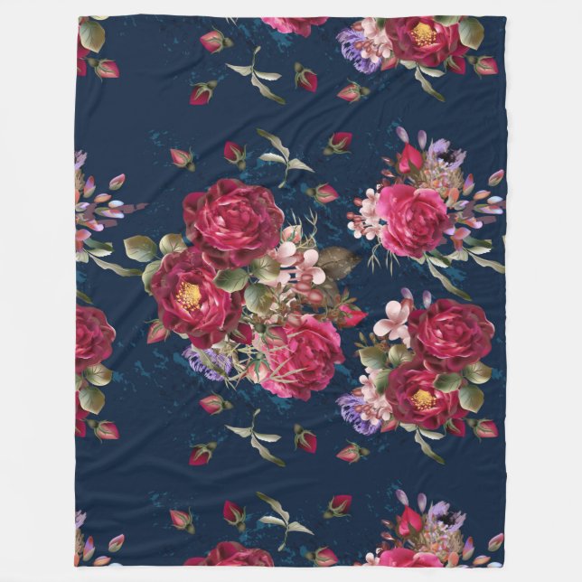 Dark Blue Floral Rose Fleece Blanket (Front)