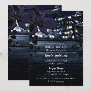 Dark Blue Floral Rustic Wood Lights Bridal Shower Invitation