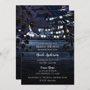 Dark Blue Floral Rustic Wood Lights Bridal Shower Invitation