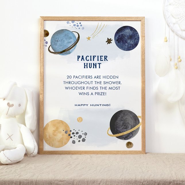 Dark Blue Galaxy Space Baby Shower Pacifier Hunt Poster (Space)