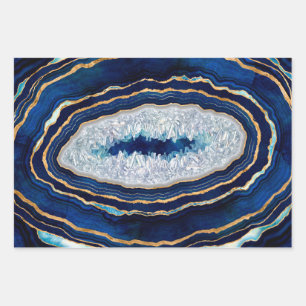 Dark Blue Geode and Gold Digital Art Wrapping Paper Sheet