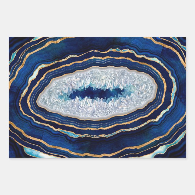Dark Blue Geode and Gold Digital Art Wrapping Paper Sheet (Front)