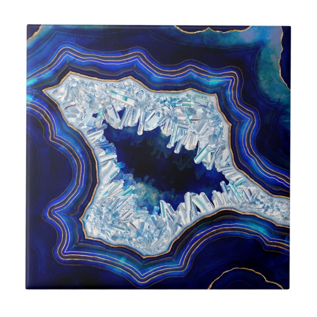 Dark Blue Geode Crystals and Gold Digital Art Ceramic Tile (Front)