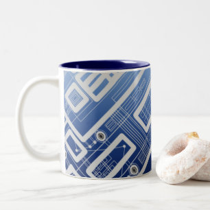 Dark Blue Geometric Circuit Board Two-Tone Coffee Mug