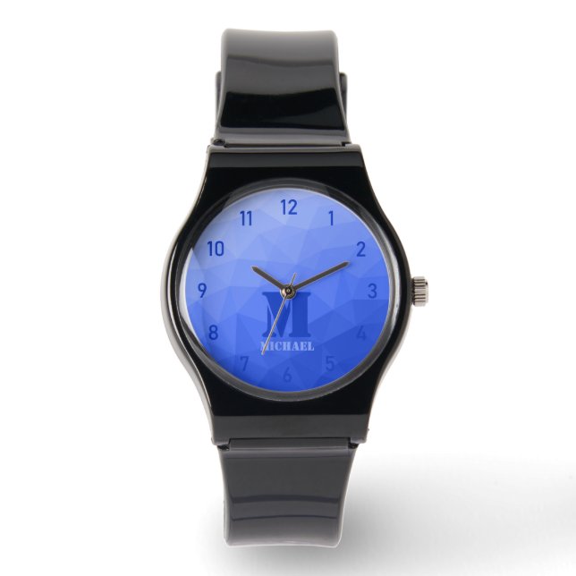 Dark blue geometric mesh pattern Monogram Watch (Front)