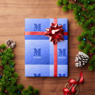 Dark blue geometric mesh pattern Monogram Wrapping Paper