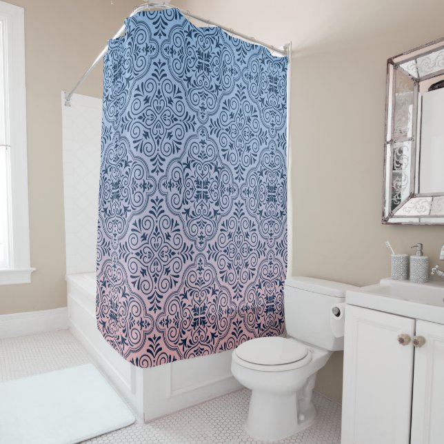 Dark-Blue Geometric Pattern On Pink & Blue Shower Curtain (In Situ)