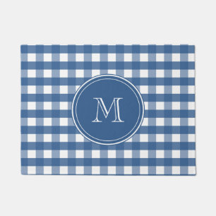 Dark Blue Gingham Plaid Monogram Welcome Doormat