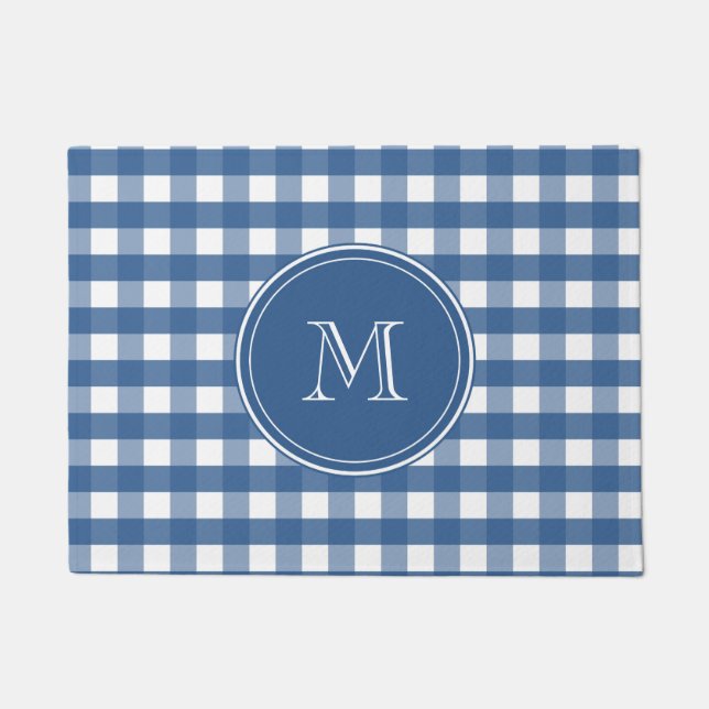 Dark Blue Gingham Plaid Monogram Welcome Doormat (Front)