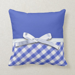 Dark blue gingham with white ribbon bow graphic cushion