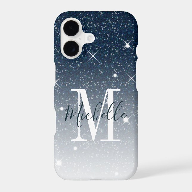 Dark Blue Glitter Sparkles Monogram Script Name (Back)
