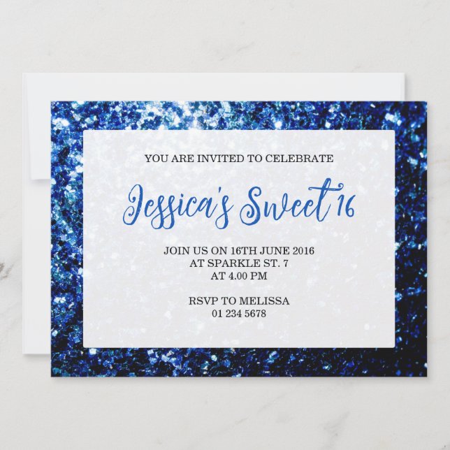 Dark blue glitter sparkles Sweet 16 elegant script Invitation (Front)