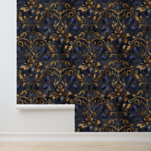 Dark Blue Gold Berries Royal Damask Golden Leaves Wallpaper