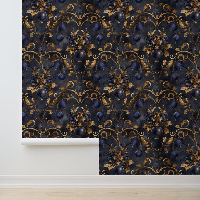 Dark Blue Gold Berries Royal Damask Golden Leaves Wallpaper (Application)