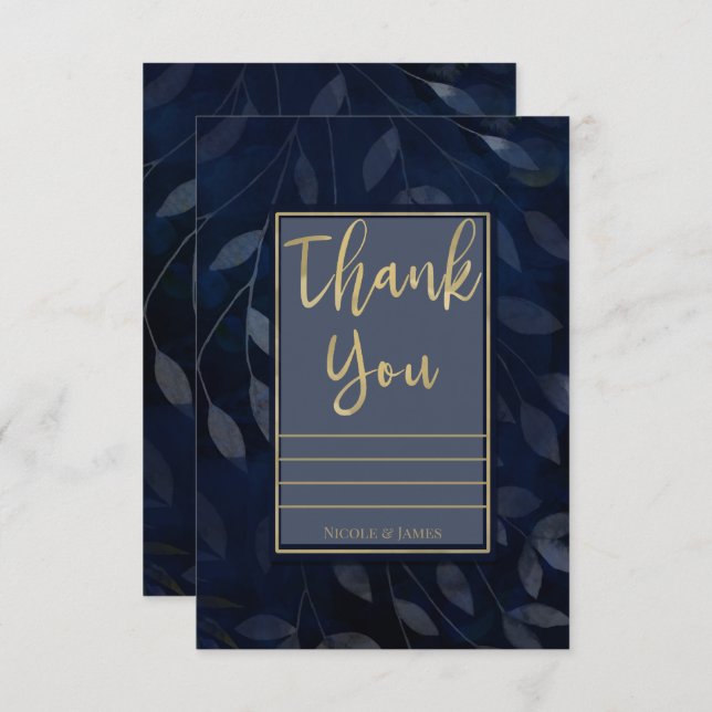 Dark Blue Gold Botanical Leaves Modern Thank You Invitation (Front/Back)