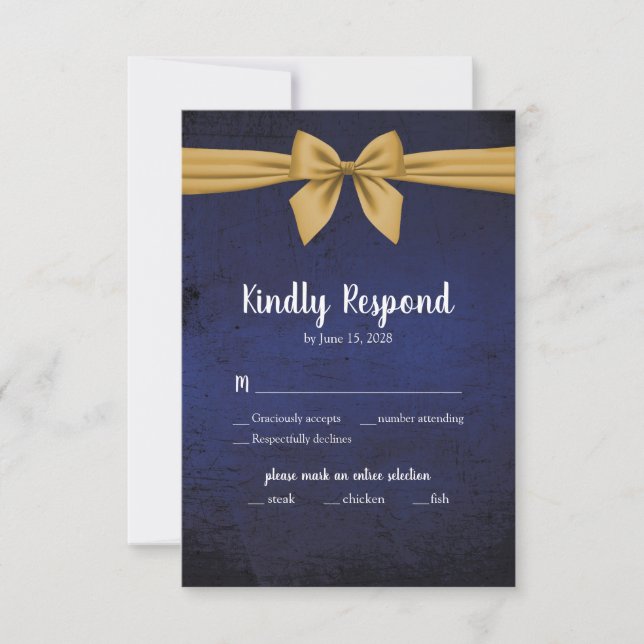 Dark Blue Gold Bow RSVP Card (Front)