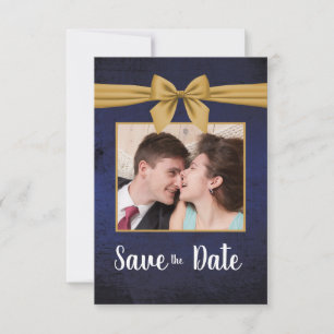 Dark Blue Gold Bow Save The Date