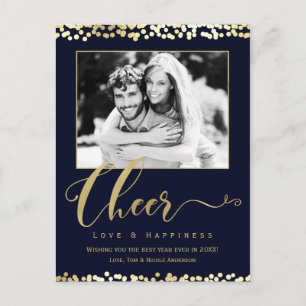 Dark Blue & Gold CHEER Confetti New Years Photo Holiday Postcard