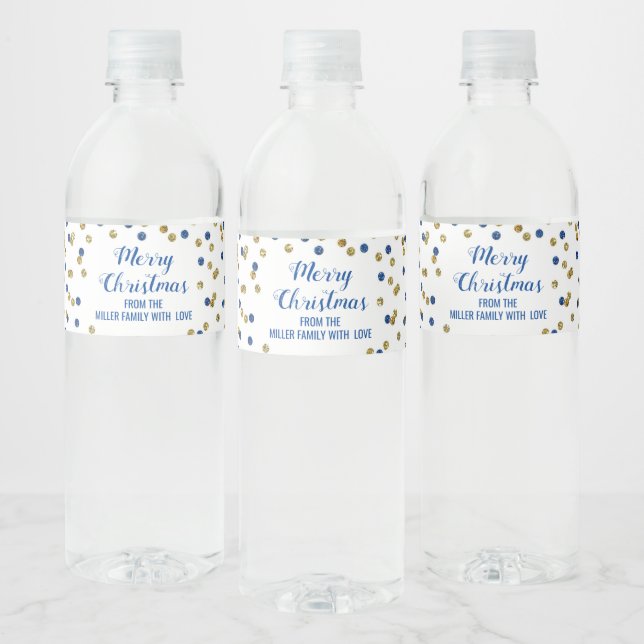 Dark Blue Gold Confetti Custom Merry Christmas Water Bottle Label (Bottles)