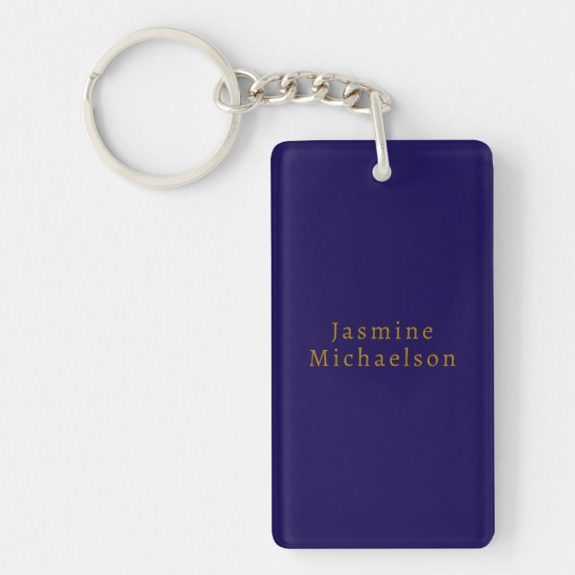 Dark Blue & Gold Cute Minimalist Own Name Key Ring (Front)