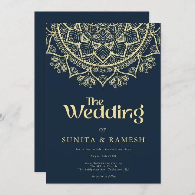 Dark Blue Gold Elegant Bollywood Indian Wedding Invitation (Front/Back)
