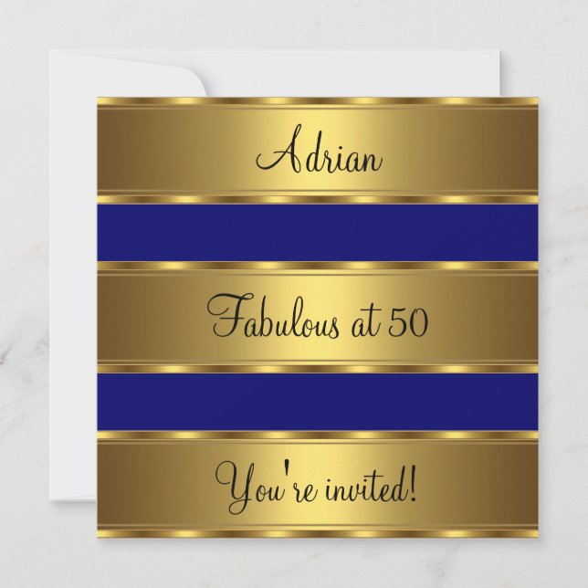 Dark Blue & Gold Fabulous 50th Birthday Party Invitation (Front)