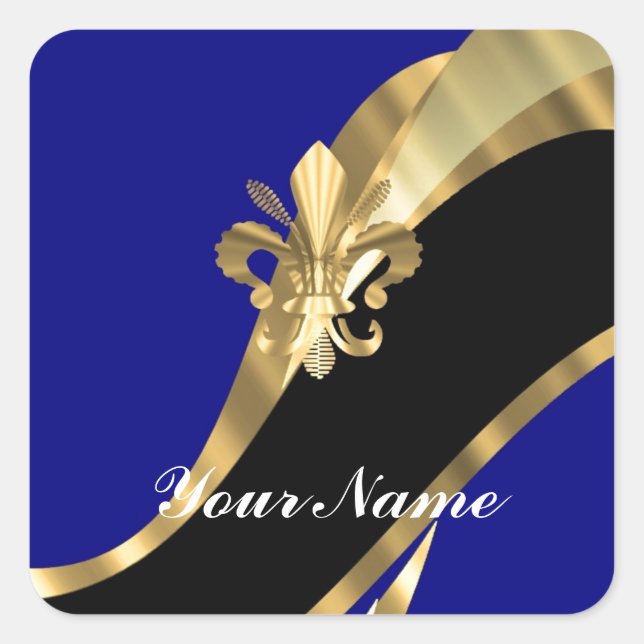 Dark blue & gold fleur de lys square sticker (Front)
