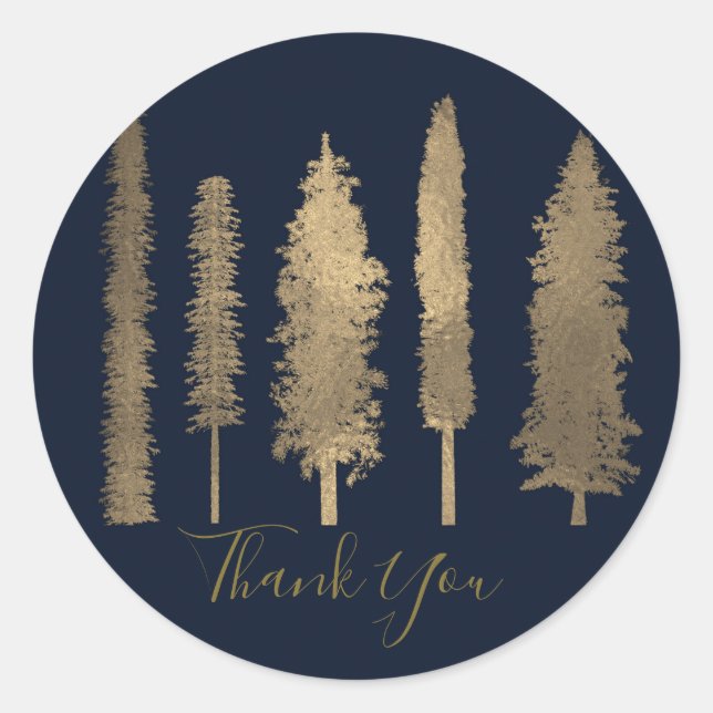 Dark Blue & Gold Forest Woodsy Trees Rustic Favour Classic Round Sticker (Front)