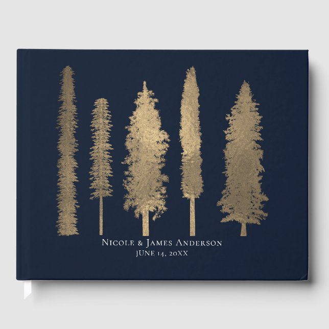 Dark Blue & Gold Forest Woodsy Trees Wedding Guest Book (Front)