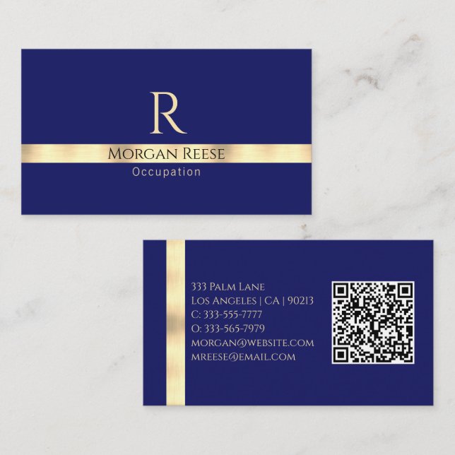 Dark Blue & Gold, Generate QR Code Name & Monogram Business Card (Front/Back)