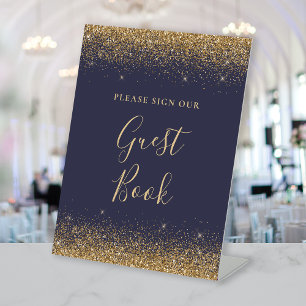 Dark Blue Gold Glitter Wedding Guest Book Pedestal Sign