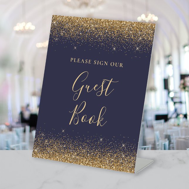 Dark Blue Gold Glitter Wedding Guest Book Pedestal Sign (Creator Uploaded)