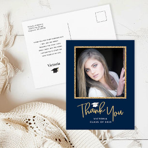 Dark Blue Gold Handwriting Graduate Thank You Postcard