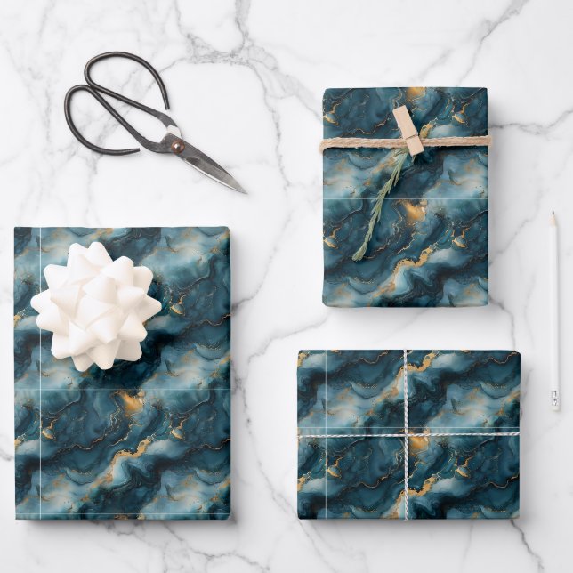 Dark Blue & Gold Marble Wrapping Paper Sheet (Front)