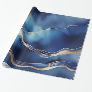 Dark Blue Gold Metallic Marble Stone  Wrapping Paper