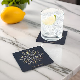 Dark Blue & Gold Midnight Sparkle Stars New Year  Square Paper Coaster