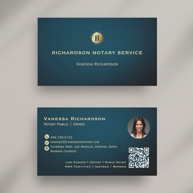 Dark Blue & Gold Monogram Sleek Notary QR Photo  Business Card (Creator Uploaded)